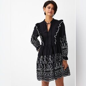 YAS Embroidered Cotton Mini Dress Black White Size US 6 NWT